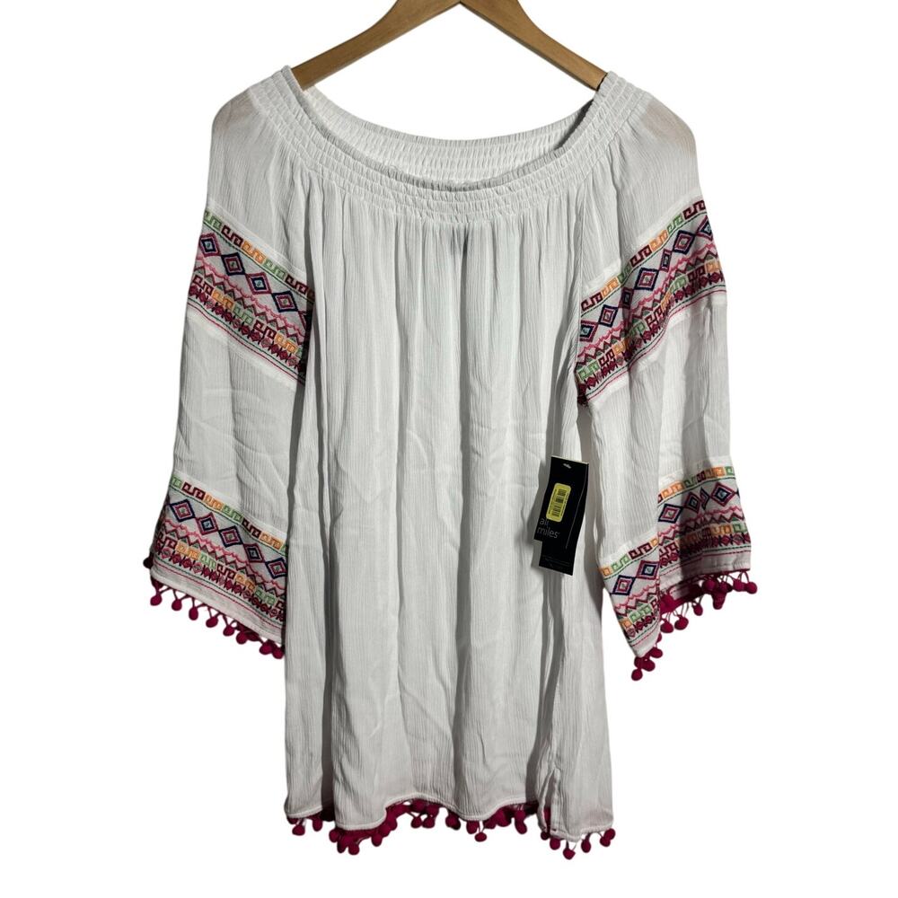 Ali Miles Shirt Women L White Smocked Crinkle Embroidered Pink Pom Pom Fringe